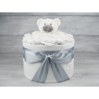PASTELL Decor Plenkový dort jednopatrový šedobílý - medvídek Velikost plenek: Vel.2 - Miminko váží 3 až 6 kg, Velikost oblečení: 50 - Miminku jsou 0 až 2 m – Zboží Dáma