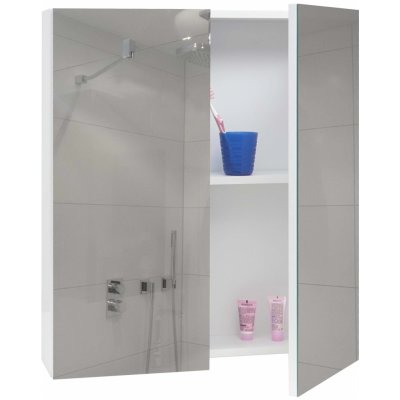 Mendler Zrcadlová skříňka HWC-B19b, koupelnová skříňka na zeď, 2 police vysoký lesk MVG-certifikát 70x60x16cm bílá