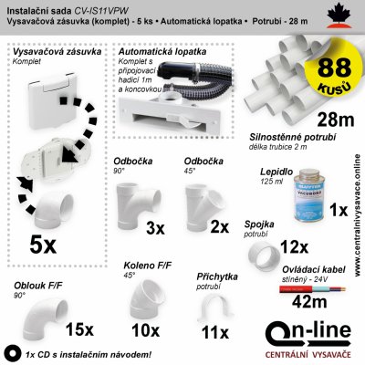 Instalační komplet centrálního vysávání - zásuvka (5 ks), podlahová štěrbina (1 ks), potrubí (28 m), potrubní díly (88 dílů). Určeno pro centrální vysavače a centrální vysávání.