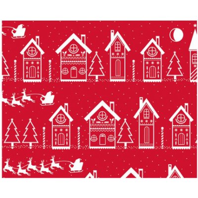 Balící papír vánoční červený - Vánoční vesnička 10m