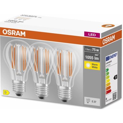 Osram 3PAK LED žárovka LED E27 A60 CL 7,5W = 75W 1055lm 2700K Teplá bílá 300° Filament BASE OSRLEDW3110