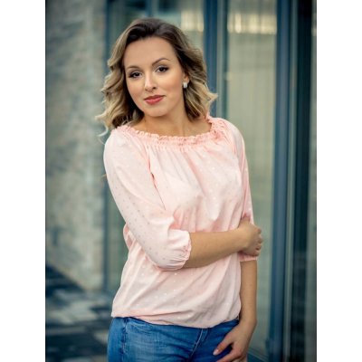 Šifónová splívající halenka s výstřihem carmen VS-DB 1847 meruňková – Zboží Dáma