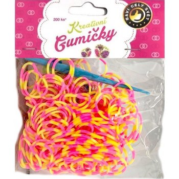 Loom Bands pletací gumičky pruhované růžovožluté 200ks + háček