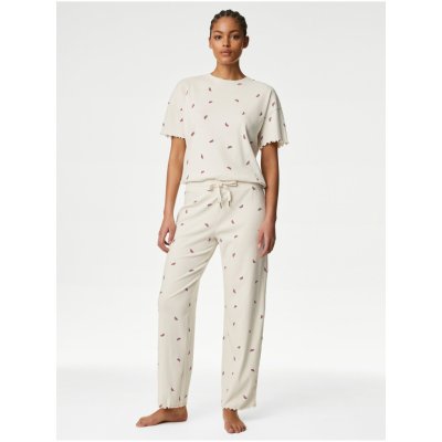 Marks & Spencer dámské vzorované pyžamové kalhoty krémové – Zboží Mobilmania