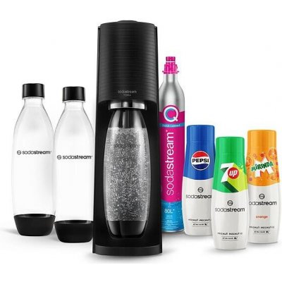SET Výrobník sody SodaStream Terra Black + Náhradní láhev SodaStream FUSE 2x1l, černá + Sirup Sodastream Pepsi 440 ml + Sirup Sodastream 7UP 440 ml + Sirup Sodastream Mirinda 440 ml – Zboží Dáma
