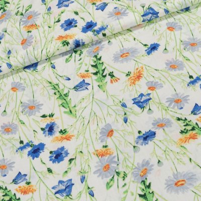 Bavlněné plátno ANIKA chrpa a kopretiny na bílé, š.160cm (látka v metráži) – Zboží Dáma