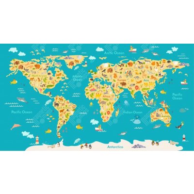 Magnetická mapa Světa, dětská, zvířata (pozinkovaný plech) 121 x 67 cm