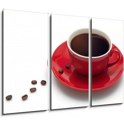 Obraz 3D třídílný - 105 x 70 cm - Red coffee cup and grain on white background Červená šálek kávy a zrna na bílém pozadí