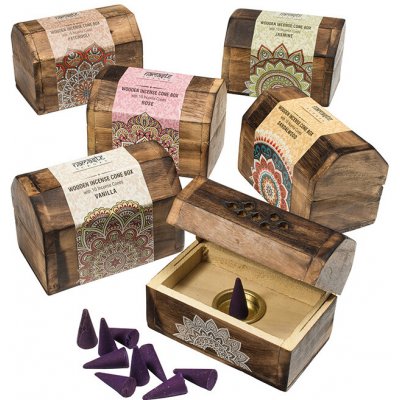 Ancient Wisdom Stojan na vonné kužely Truhlička + 10 kuželů jasmín – Zboží Mobilmania