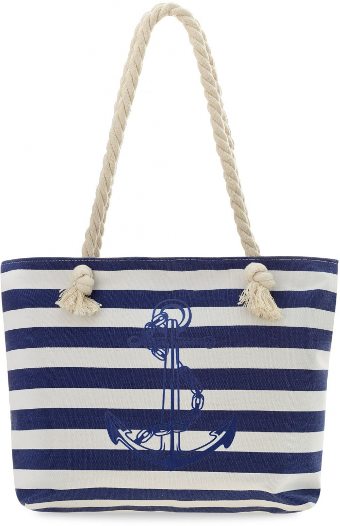 Velká plážová taška s tmavě modrými pruhy na zip plátěná ekologická taška na nákupy bílá s tmavě modrou