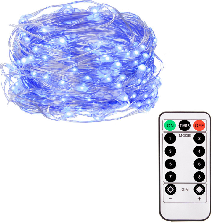 SPRINGOS LED řetěz Nano 10m 100LED 8-funkcí ovladač 3xAA IP44 modrá