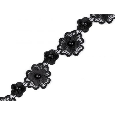 Prima-obchod Krajka 3D květ s perlou šíře 30 mm, barva 4 černá – Zboží Dáma