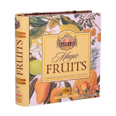 Basilur Book Magic Fruit dárková sada černých čajů s kousky ovoce v plechovce 32 ks