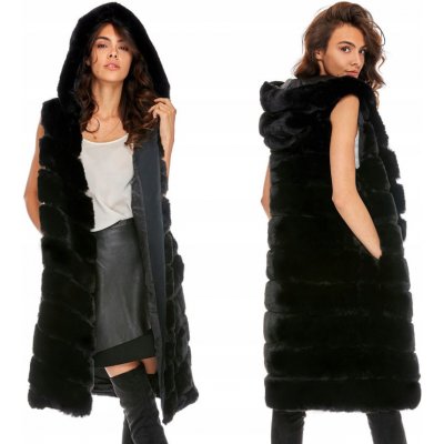 Fashionweek kožešinová vesta s kapuci Premium KARR02 černá – Zboží Mobilmania