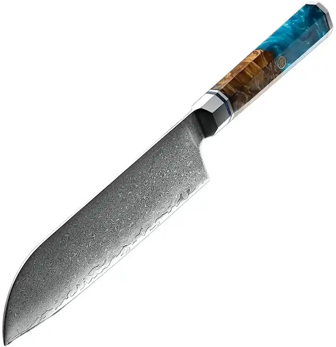 Santoku nůž z damaškové oceli Grand Sharp Blue s rukojetí ze dřeva a pryskyřice 7\'\'