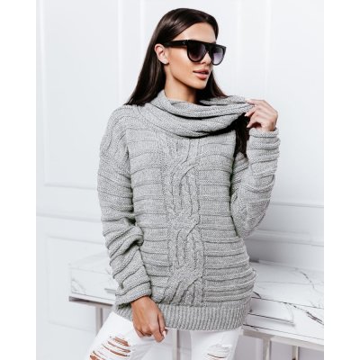 Fashionweek Oversized teplý pletený golfový svetr, roláková tunika NB3924 šedý – Zboží Mobilmania