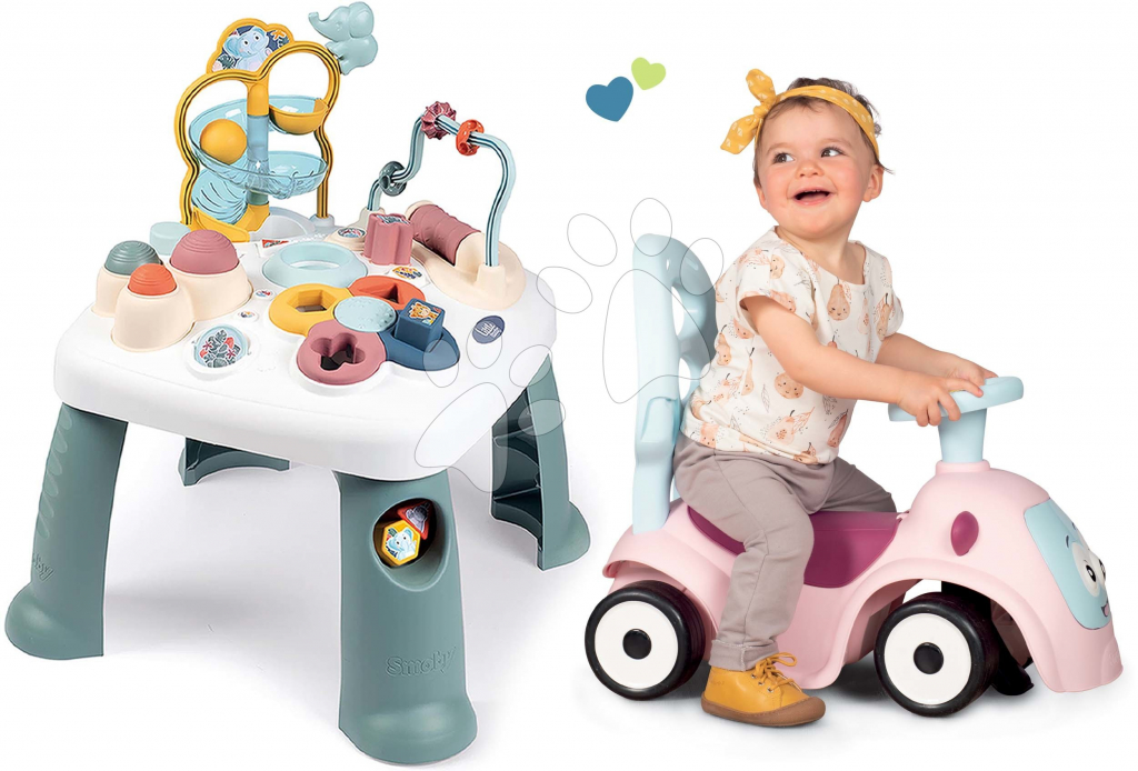 Smoby Set didaktický stolek Activity Table Little a ružové odrážadlo se zvuky a vodicí tyčí s ohrádkou