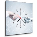 Obraz s hodinami 1D - 50 x 50 cm - Human and robot hands reaching out, network Lidské a robotické ruce natahující ruku, síť