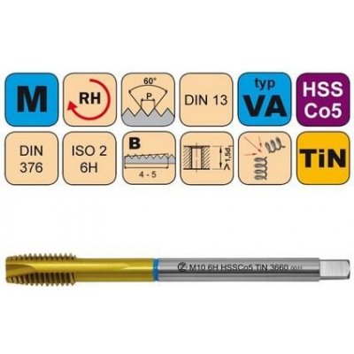NÁSTROJE CZ Závitník strojní M10x1 ISO2 HSSCo5 TiN DIN 374 B - 3660 - CZZ3660-M10X1-ISO2 – Zboží Mobilmania