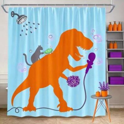 Sprchový závěs se zavěšením grommet top + háčky - Modrý s oranžovým dinosaurem, 150 x 180 cm – Hledejceny.cz