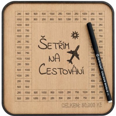Mdeco Dřevěná pokladnička škrtací + fixa - Šetřím Na Cestování - 20x20cm – Zboží Dáma