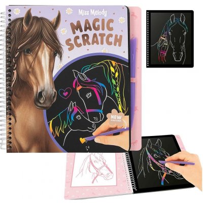 Kreativní škrabací sešit Miss Melody Magic Kouzelný sešit od Miss Melody obsahuje 20 černých stránek, na kterých se pomocí přiloženého škrabacího pera odhalují duhové obrázky koní. – Sleviste.cz