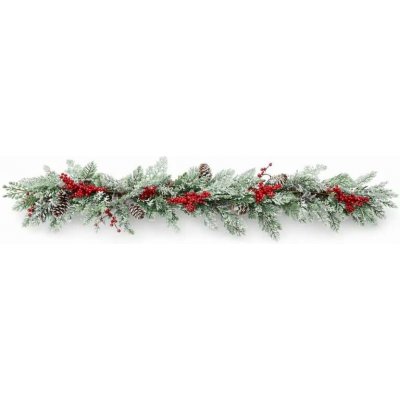 DECOLED 3D umělá vánoční girlanda na stůl s jehličím a červenými bobulemi, 270 × 15 cm, ojíněná – Hledejceny.cz
