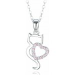 MINET Stříbrný náhrdelník Kočka se srdíčkem s bílými a růžovými zirkony (Ag 925/1000, 2,7 g) – Sleviste.cz