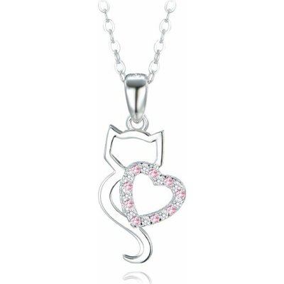 MINET Stříbrný náhrdelník Kočka se srdíčkem s bílými a růžovými zirkony (Ag 925/1000, 2,7 g) – Sleviste.cz