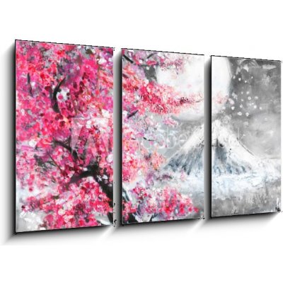 Obraz 3D třídílný - 90 x 50 cm - oil painting landscape with sakura and mountain, hand drawn illustration, Japan olejomalba krajina se sakurou a horami, ručně kreslené i