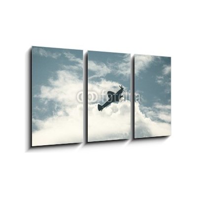 Obraz 3D třídílný - 90 x 50 cm - Fighter plane on cloudy sky Bojové letadlo na zatažené obloze