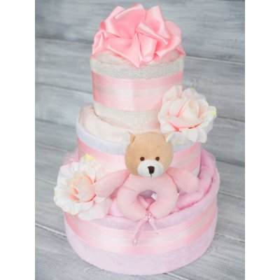 PASTELL Decor Třípatrový plněný plenkový dort pro holčičku - růžový 3 - Miminko váží 4 - 9 kg 62/68 - Miminku jsou 3 - 6 m – Zboží Mobilmania
