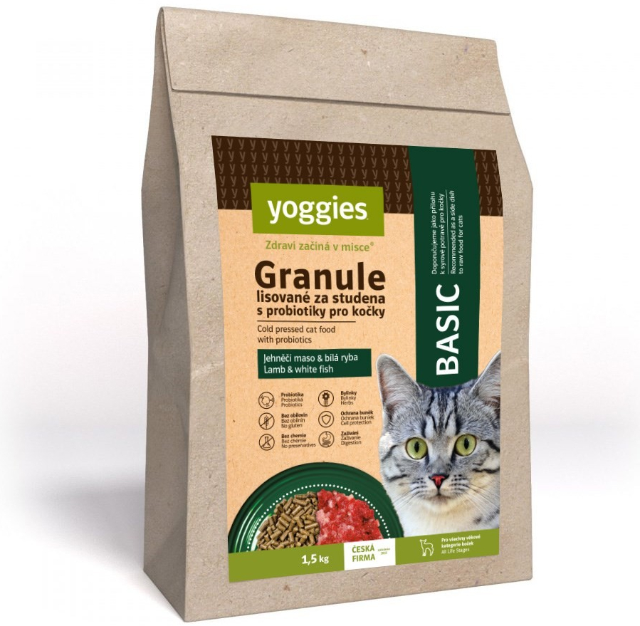 Yoggies Cat Basic granule lisované za studena s jehněčím a treskou 1,5 kg