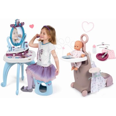 Smoby Set přebalovací kufřík s postýlkou a židlí Natur Baby Nurse a kosmetický stolek Frozen se židlí – Zboží Mobilmania