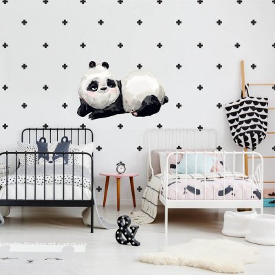 INSPIO Samolepka Samolepky do dětského pokoje - Panda s doplňky v skandinávském stylu zvířata, medvědi a sovy černá, plnobarevný motiv rozměry 90x90