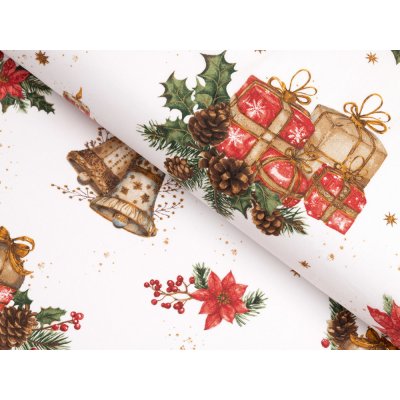 Vánoční bavlněná látka/plátno Sandra SA-515 Vánoční hvězdy a ozdoby na bílém - šířka 160 cm – Zboží Mobilmania