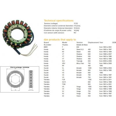 DZE stator (vinutí) alternátoru BMW F 650 93-01; VT 500/600 83-07; XL 650V TRANSALP 00-06; XRV 750 AFRICA TWIN 90-00; SUZUKI VS 600/700/750 INTRUDER 85-95; VL 1500 INTRUDER 98-04; YAMAHA TDM 850 91-01 | Zboží Auto