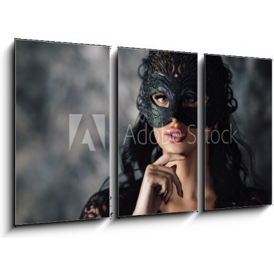 Obraz 3D třídílný - 90 x 50 cm - portrait of sexy beautiful woman in lace black erotic lingerie and carnival mask on dark background portrét sexy krásná žena v krajkové