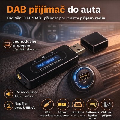 DAB přijímač přes FM modulátor / AUX výstup, napájení USB-A | Zboží Auto