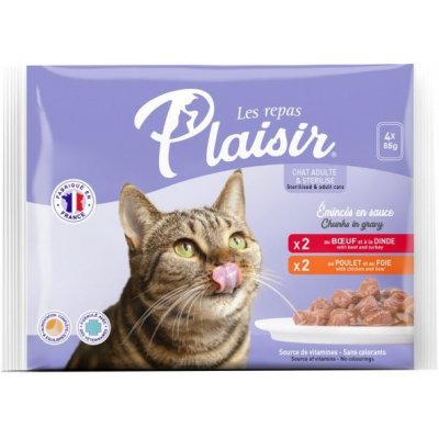 Plaisir cat pro dospělé i sterilizované kočky 2 x hovězí 2 x kuřecí NEW 4 x 85 g