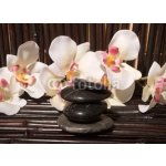 WEBLUX 6260873 Fototapeta plátno Massage stones and orchid flowers on bamboo Masážní kameny a orchidejové květiny na bambusu rozměry 160 x 116 cm