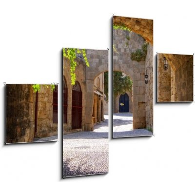 Obraz 4D čtyřdílný - 120 x 90 cm - Medieval arched street in the old town of Rhodes, Greece Středověká oblouková ulice ve starém městě Rhodos v Řecku – Zboží Mobilmania