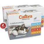 Calibra Premium Line Adult Pstruh a losos / jehněčí a drůbeží / kuřecí a hovězí a kuře / kachna s kuřetem v omáčce 12 x 100 g – Sleviste.cz