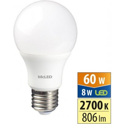 McLED LED žárovka 8W, E27, 2700K, CRI80, vyz. úhel 200°, 360° 806lm – Zboží Živě