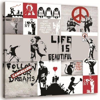Gario Obraz na plátně Banksy mural - koláž děl streetartového umělce Rozměry: 30 x 30 cm – Zboží Mobilmania