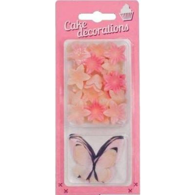 Dekorace z jedlého papíru Motýlci lososoví a květiny mini lososové (30 ks) - dortis – Zboží Dáma