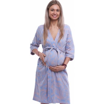 Lehký župan do porodnice na kojení vzor růžové listí 1G0650 modrá – Zboží Dáma