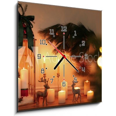 Obraz s hodinami 1D - 50 x 50 cm - Wooden decorative Christmas lantern and burning candles on table indoors Dřevěná dekorativní vánoční lampa a hořící svíčky na stole v