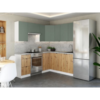 FRONTI Rohová kuchyňská linka LAMIA 190x170 cm Olive/Dub artisan – Sleviste.cz