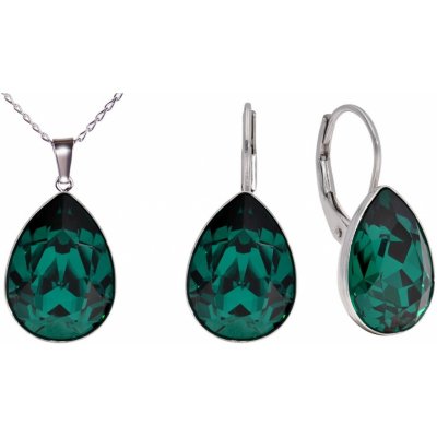 Swarovski Elements Pear stříbrná sada set souprava náušnice a přívěsek s řetízkem zelená slzička kapka 39143.3 Emerald zelená tmavá smaragdová brčálová – Zboží Mobilmania